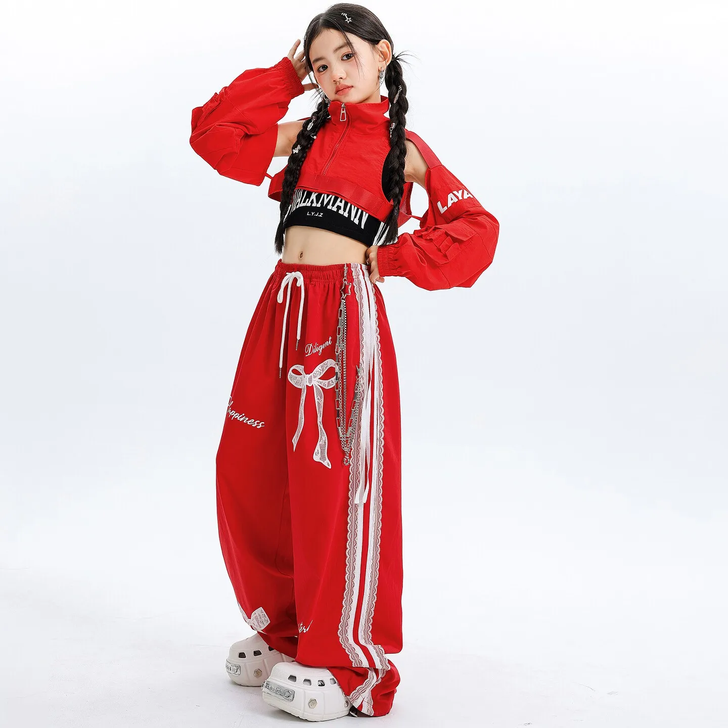 New Girls Kpop Street Dance Performance Clothes Sets Hip Hop Red Tops Baggy Pants Outfits Group Modern Dance Costume Stage Wear