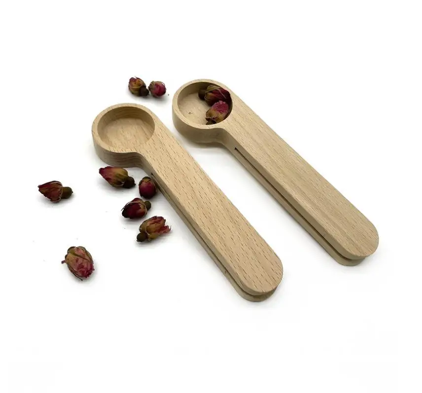 Wholesale Wood Coffee Scoop With Bag Clip Tablespoon Solid Beech Wood Measuring Scoops Tea Coffee Bean Spoon Clips Gift ni19