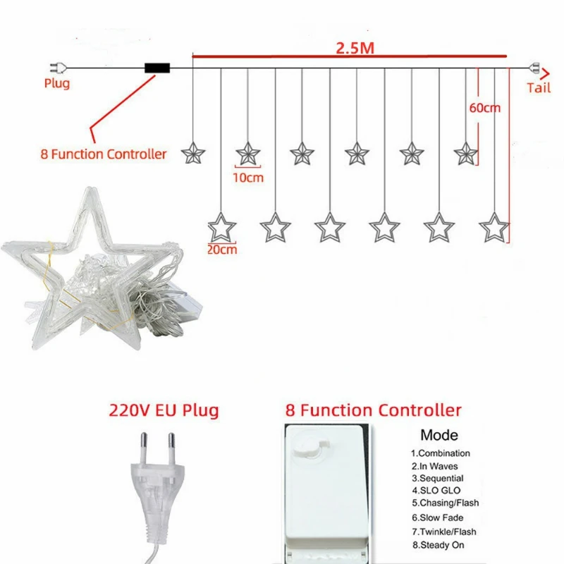 Pendurado LED String Light, Lua, Estrela, Cortina de Luz, Guirlanda, Decoração De Árvore De Natal para Família, Iluminação Do Feriado, Casamento