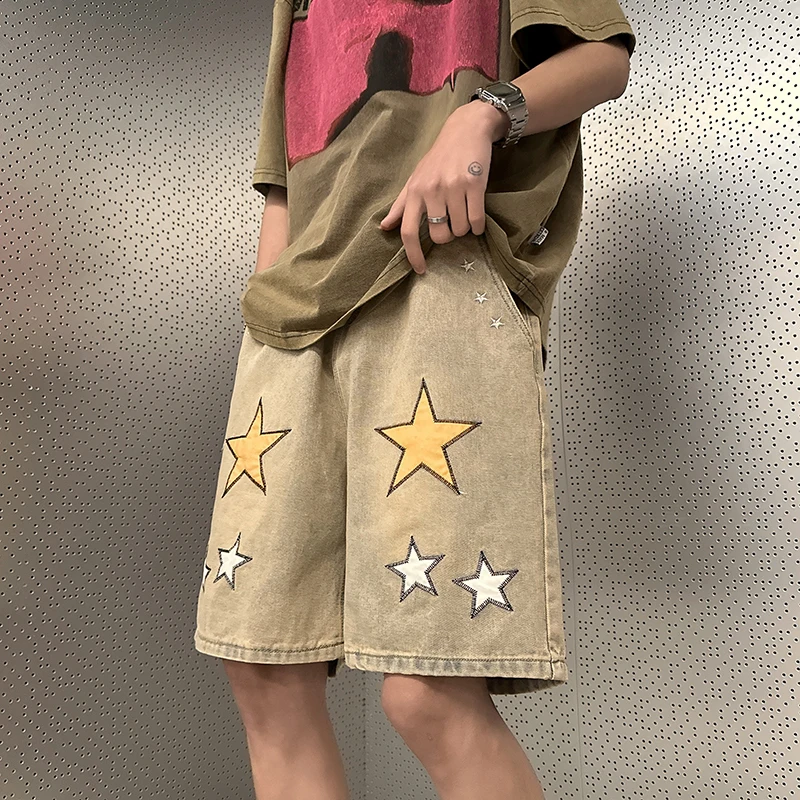 

Yellow Clay American Retro Star Embroidery Casual Straight Leg Jeans Shorts mid Waist Zipper Fly Summer Youth Fashion
