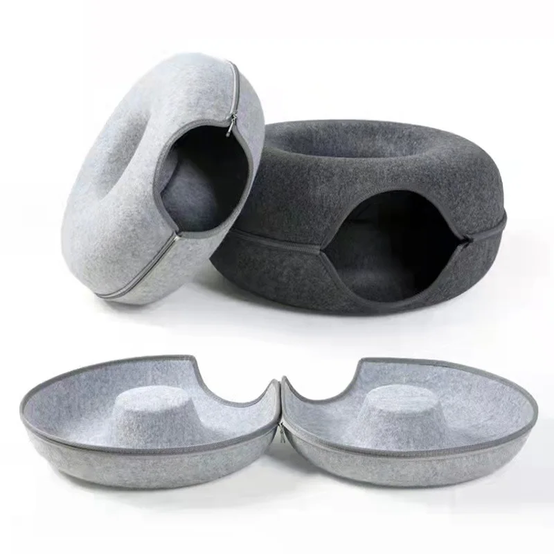 

Felt Donut cat tunnel bed Pet House Small Pet Hole Pet Bed Interactive Play Toys for Cats to Hide 2 in 1 Tunnel for Pet Bed