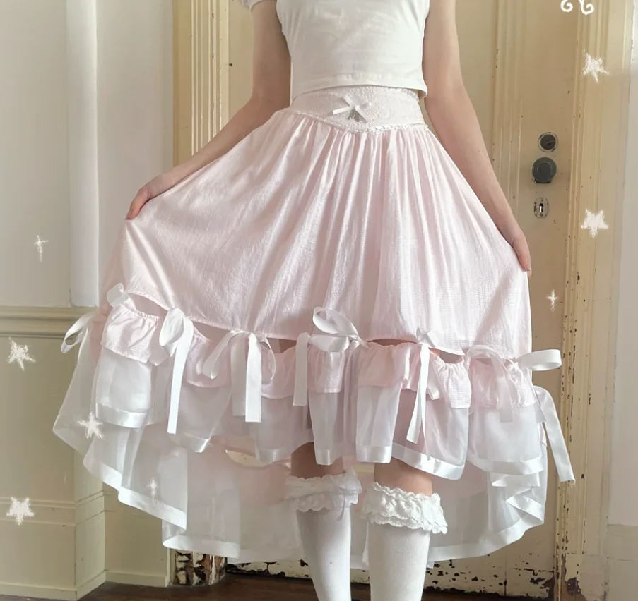 Summer New Sweet Pink Irregular Bow Lace Splicing Long Skirt Fashion Girl High Waist A-line Versatile Fairy Princess Skirts