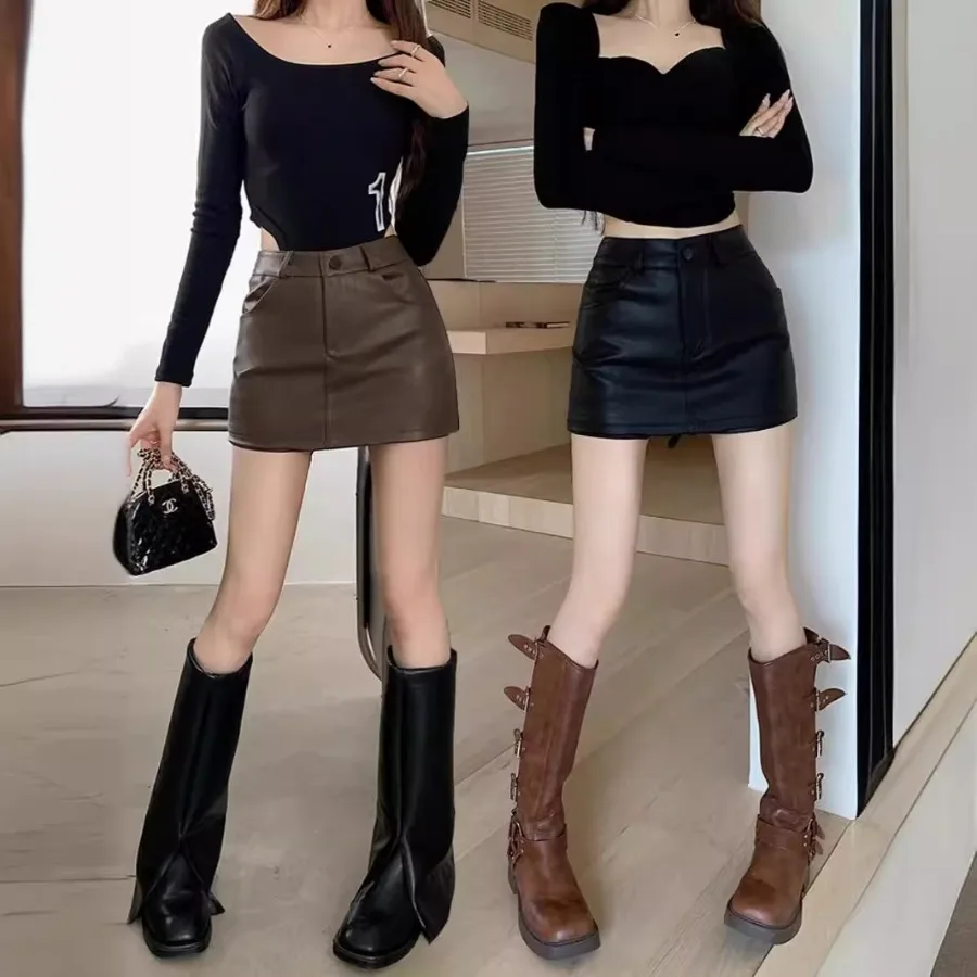 【OFERTA】Falda corta de cuero sintético estilo curry para mujer, nueva colección otoño-invierno, cintura alta, talla grande, efecto adelgazante, falda corta tipo baggy