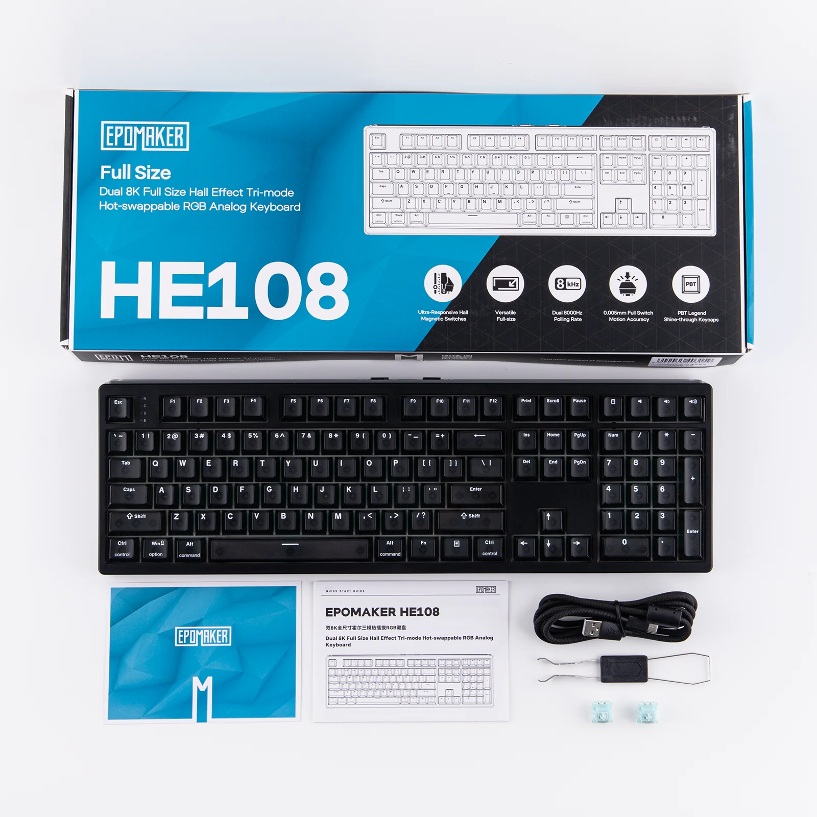 EPOMAKER HE108 100% ANSI US QWERTY 레이아웃 유선/BT/2.4Ghz 무선 홀 이펙트 기계식 키보드 (SOCD/DKS 및 래피드 트리거…