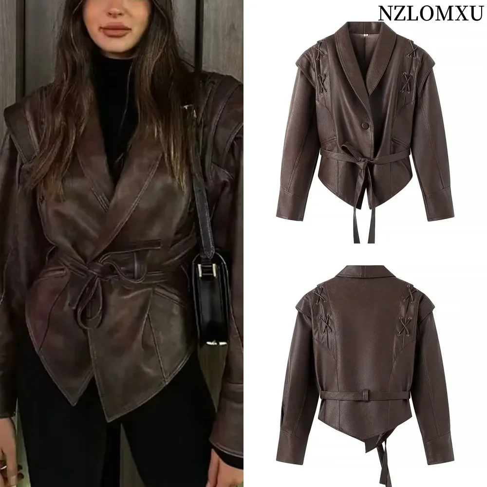 Female Street Leather Jacket 2024 Spring Women\'s Versatile Brown Long Sleeves V-neck Single Breasted Lace-up Causal Coats