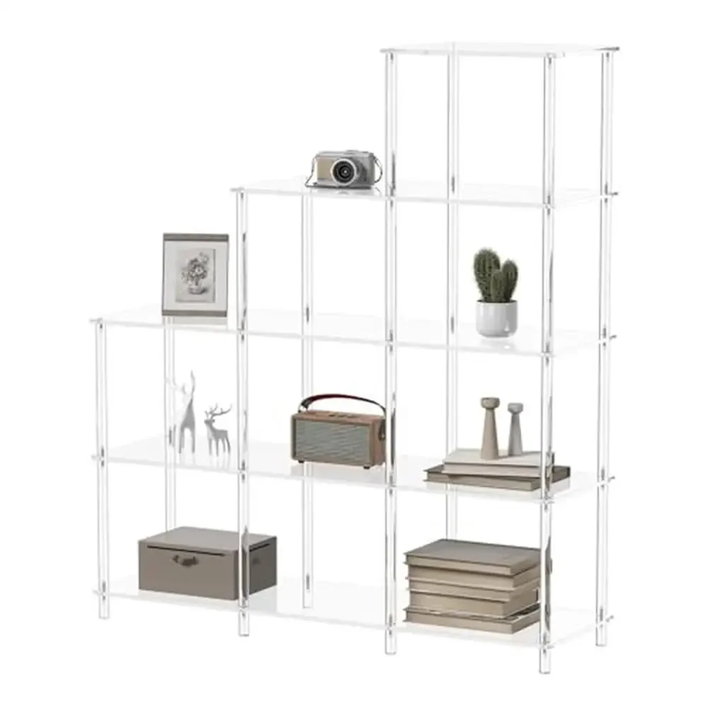 Acrylic 5-Tier Stepped Bookshelf 9 Cube Bookcase Clear Modern Design Home Office Living Room Bedroom Easy Assembly Waterproof