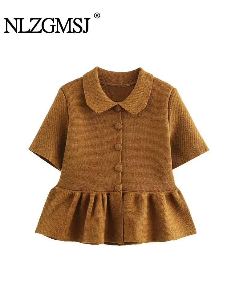 

Vintage Casual Chic Women Sweater Turn-down Collar Short Sleeve Fold Knitted New Fashion 2025 Spring Sweaters