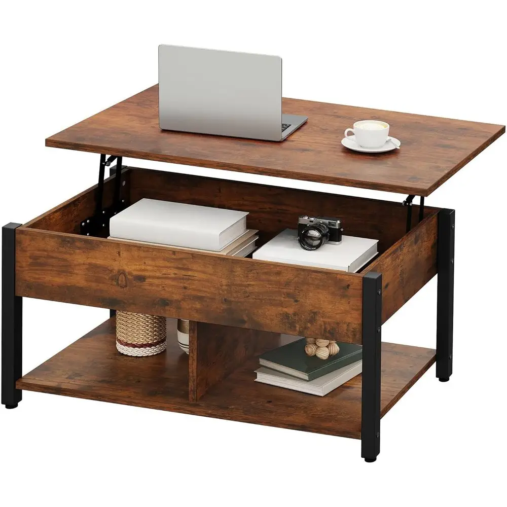 

Adjustable Height Rustic Brown Wooden Coffee Table with Storage Shelf and Hidden Compartment for Living Room and Home Office