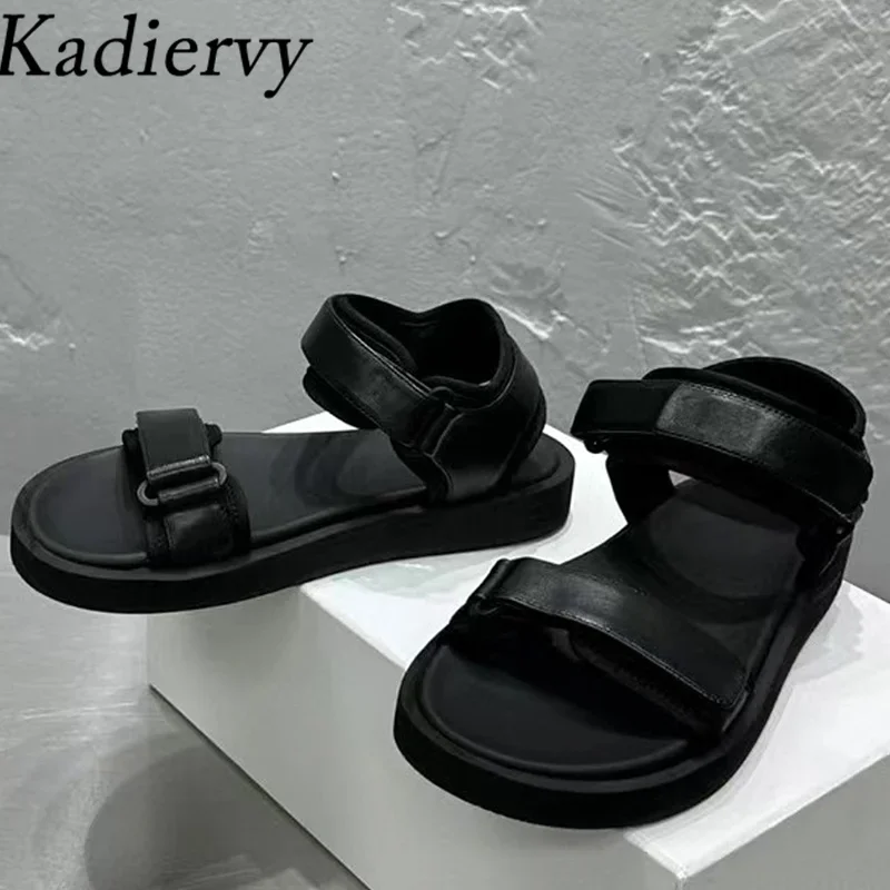 Summer Flat Sandals Woman Genuine Leather Black White Holiday Beach Shoes Women Thick Sole Roman Sandals Women Sandalias Mujer