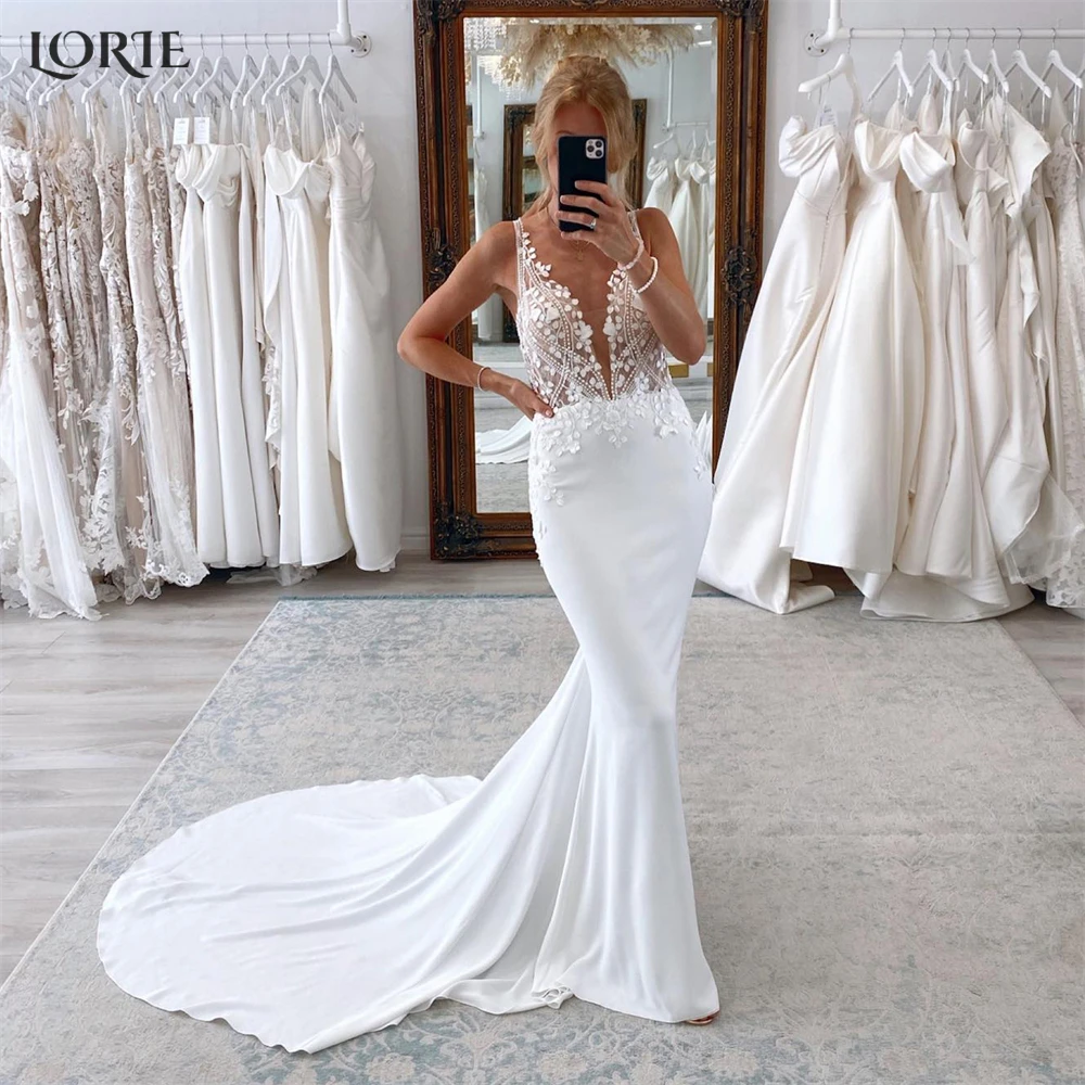 LORIE-vestidos de novia de sirena de encaje Vintage, apliques con cuello en V profundo, sin mangas, satén elástico, sin espalda, 2024