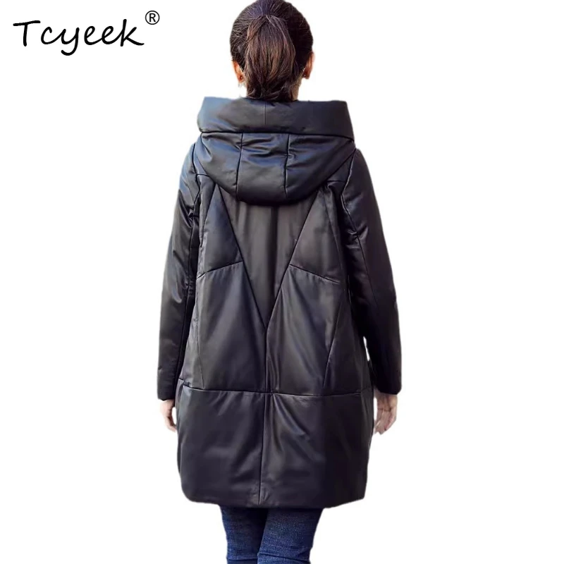 Tcyeek Real Top Layer Sheepskin Autumn Winter Black Hooded Medium Length Women's Genuine Leather Jacket Женская Кожаная Куртка