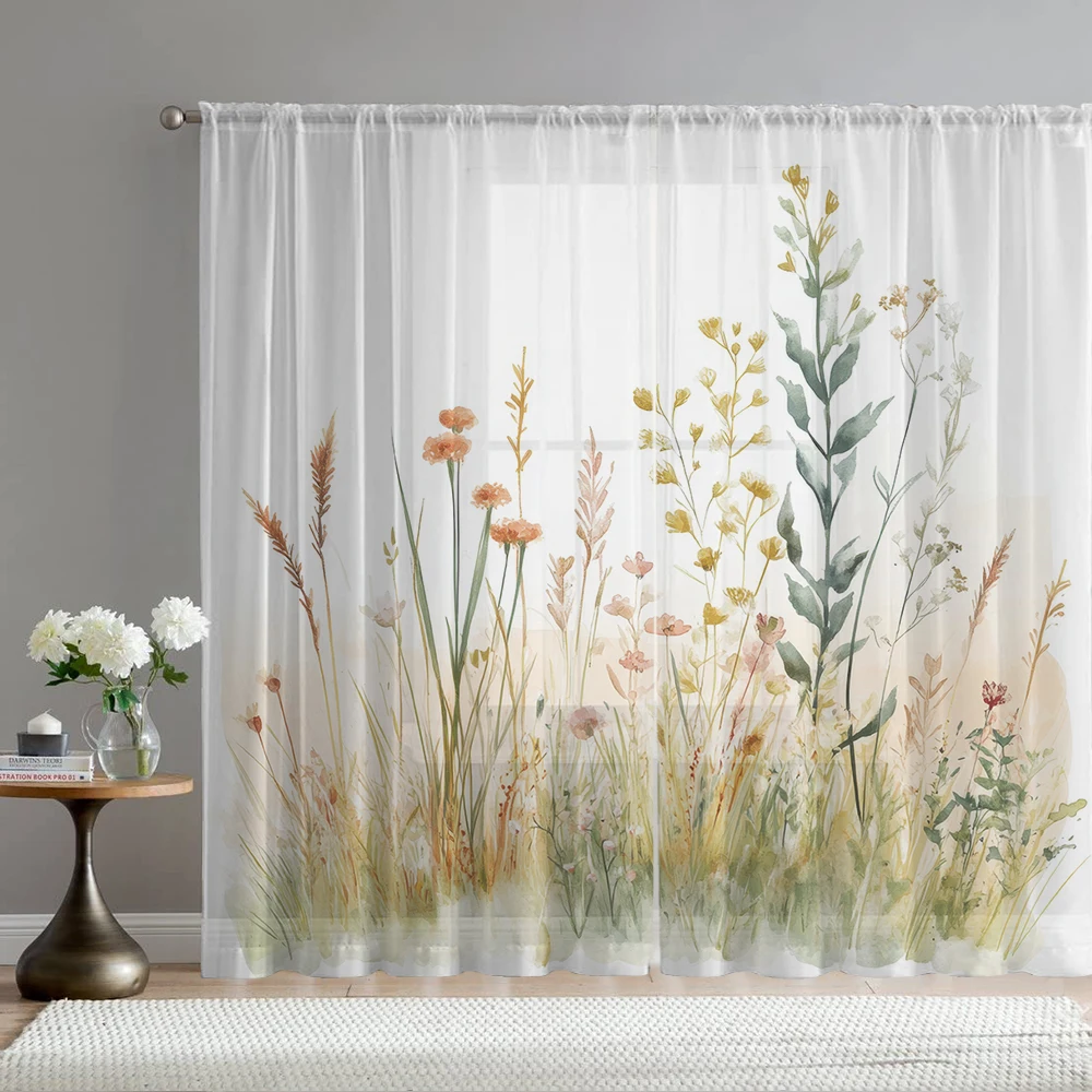 2PCS Home decoration light yellow floral printed window screens with pole bags, suitable for living rooms