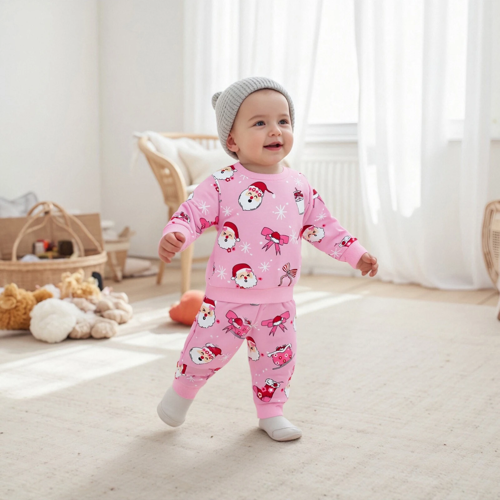 طفلة عيد الميلاد ملابس سانتا ندفة الثلج طباعة طويلة الأكمام جولة الرقبة البلوز + مرونة الخصر السراويل قطعتين مجموعة