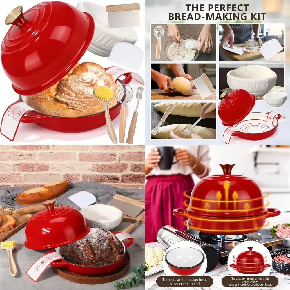 

Red 5-Quart Enamel Cast Iron Dutch Oven Set with Lid and Bread Proofing Basket for Sourdough Baking and Roasting