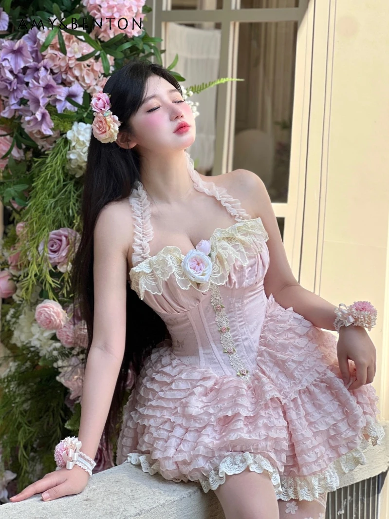 

Heavy Industry Daily Lolita Princess Dress Summer New Sweet Cute Tridimensional Flower Bow Halter Sleeveless Slim Mini Dress