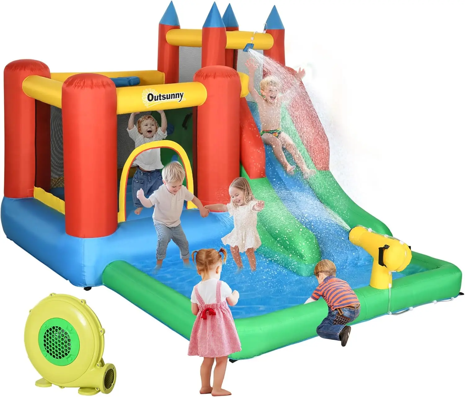 6-in-1 Inflatable Water Slide Bounce House for Kids with Pool, Water Cannon, Climbing Wall, Air Blower Included, Outdoor Backyard Jumping Castle, Fun Water Play Toy