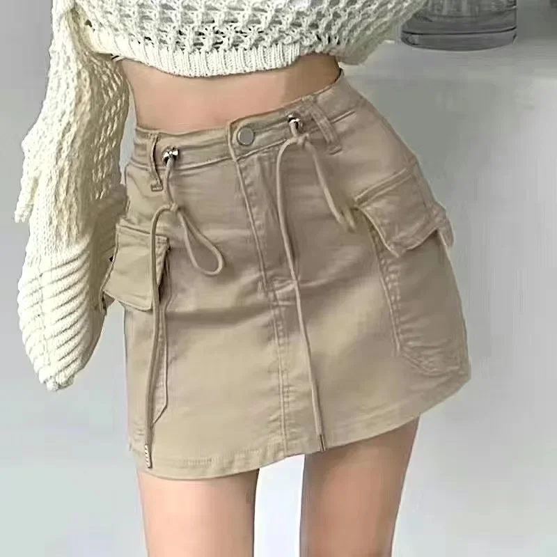 

Cargo Mini Denim Skirts Women Summer 2023 Army Green Multi Pockets Streetwear Skirt Drawstring High Waist Mini Skirts Woman