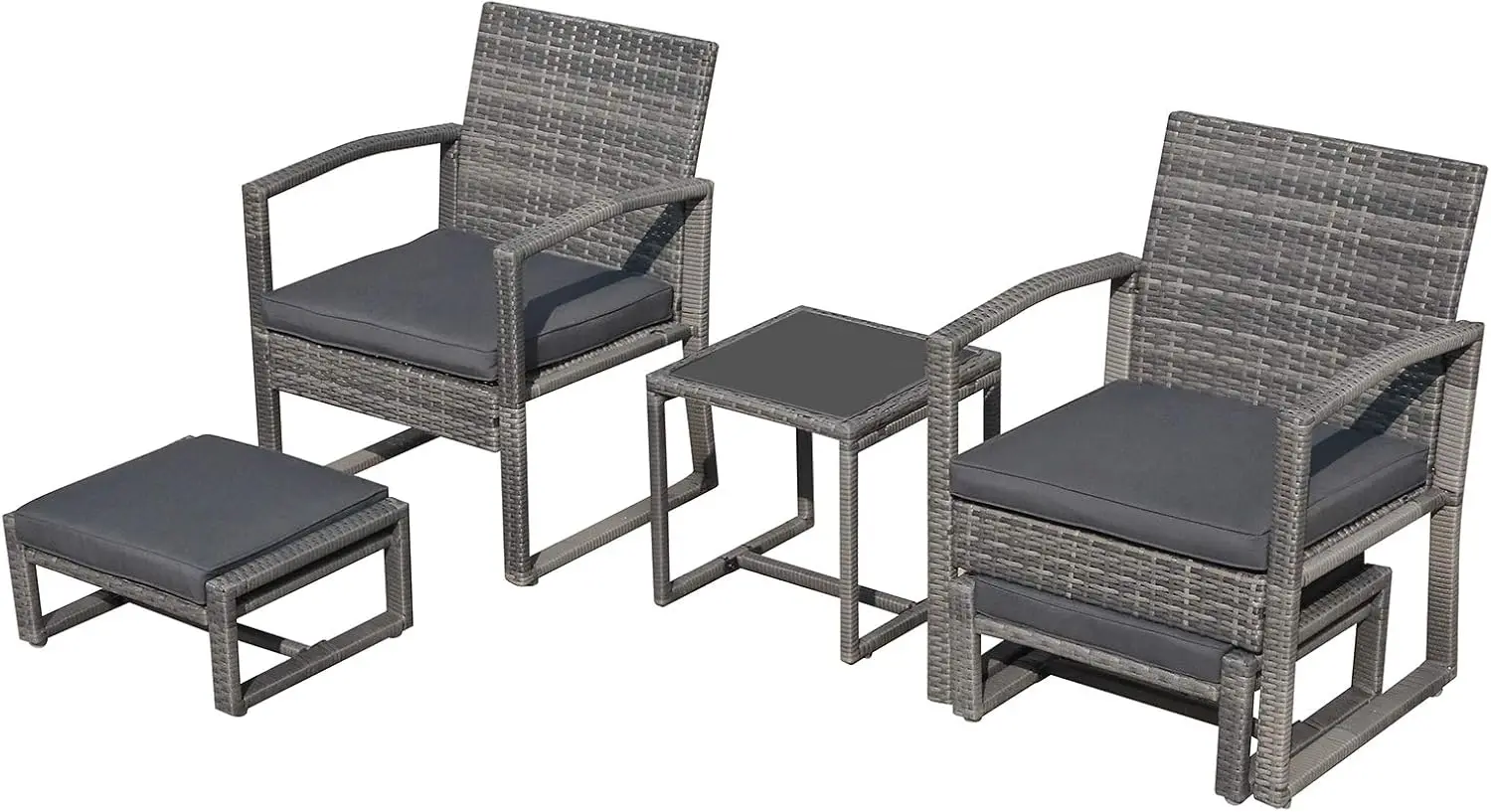 5 Piece Outdoor Patio Wicker Furniture Set, All Weather Grey PE Rattan Chair and Ottoman Footstool Set, W/Coffee Table, Cushions