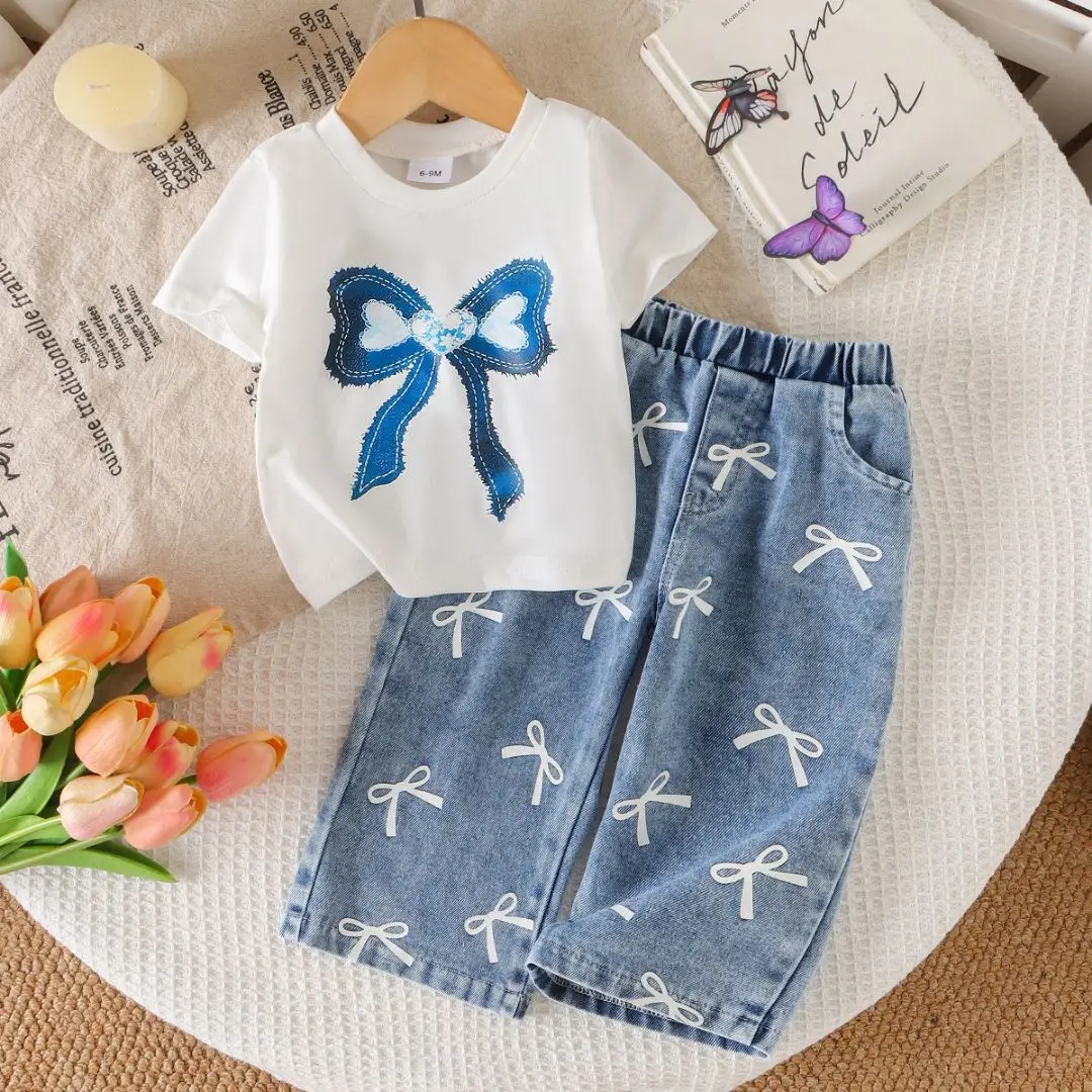Girl Summer Bow Print Short Sleeve Bow Tie Jeans Two-Piece Set Comfortable Full Elastic Waistband