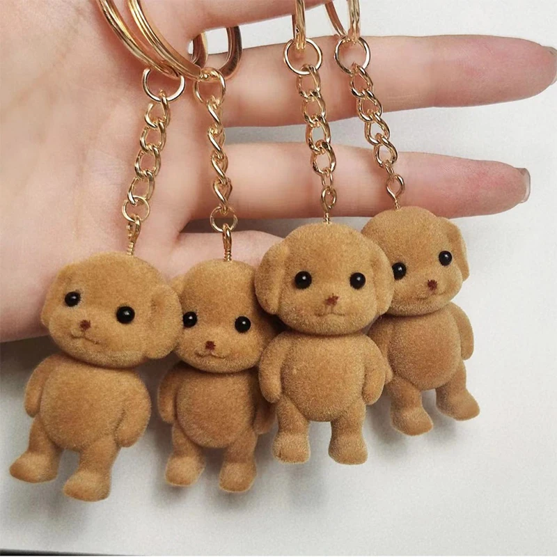 Forest Family Flocking Dog Keychain Cute Flocked Little Poodle Animals Keyring Bag Pendant Backpack Charms Car Decor Accessories