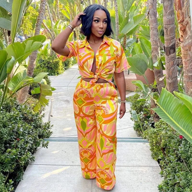

African New Casual Women's Suit Fashion Lapel Short Sleeve Printed Shirt Trousers European and American Two-Piece Set
