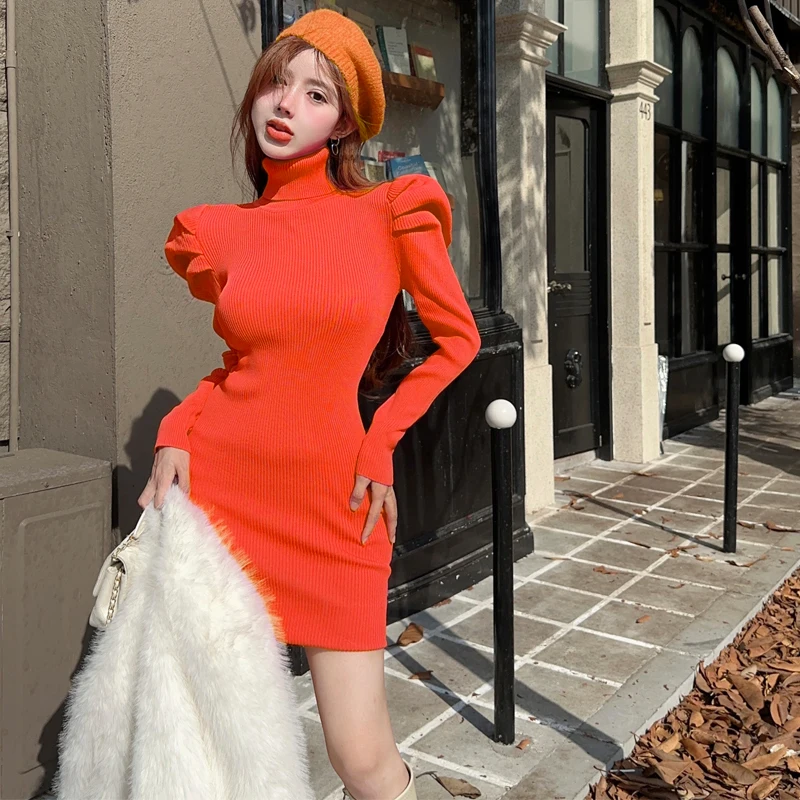 

Winter Knitted Solid Sweater Dress Women Fashion Turtleneck Slim Full Puff Sleeve Sheath Base Mini Sweaters Dresses