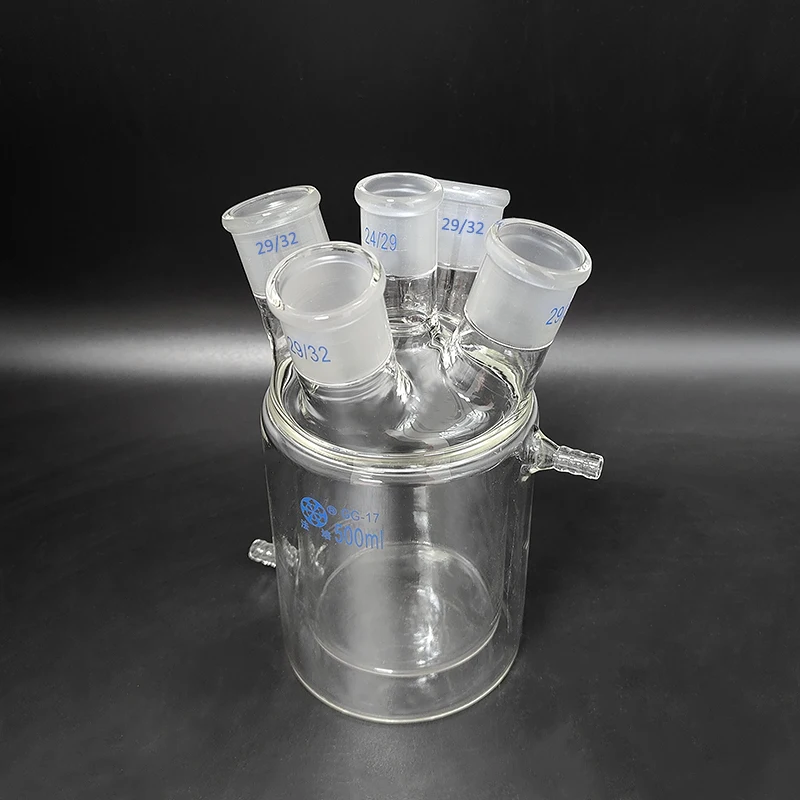 FAPE Double-deck cylindrical five-necked flat bottom flask,Capacity 500mL,Mid 24/29,Side 29/32,Mezzanine jacketed reactor bottle