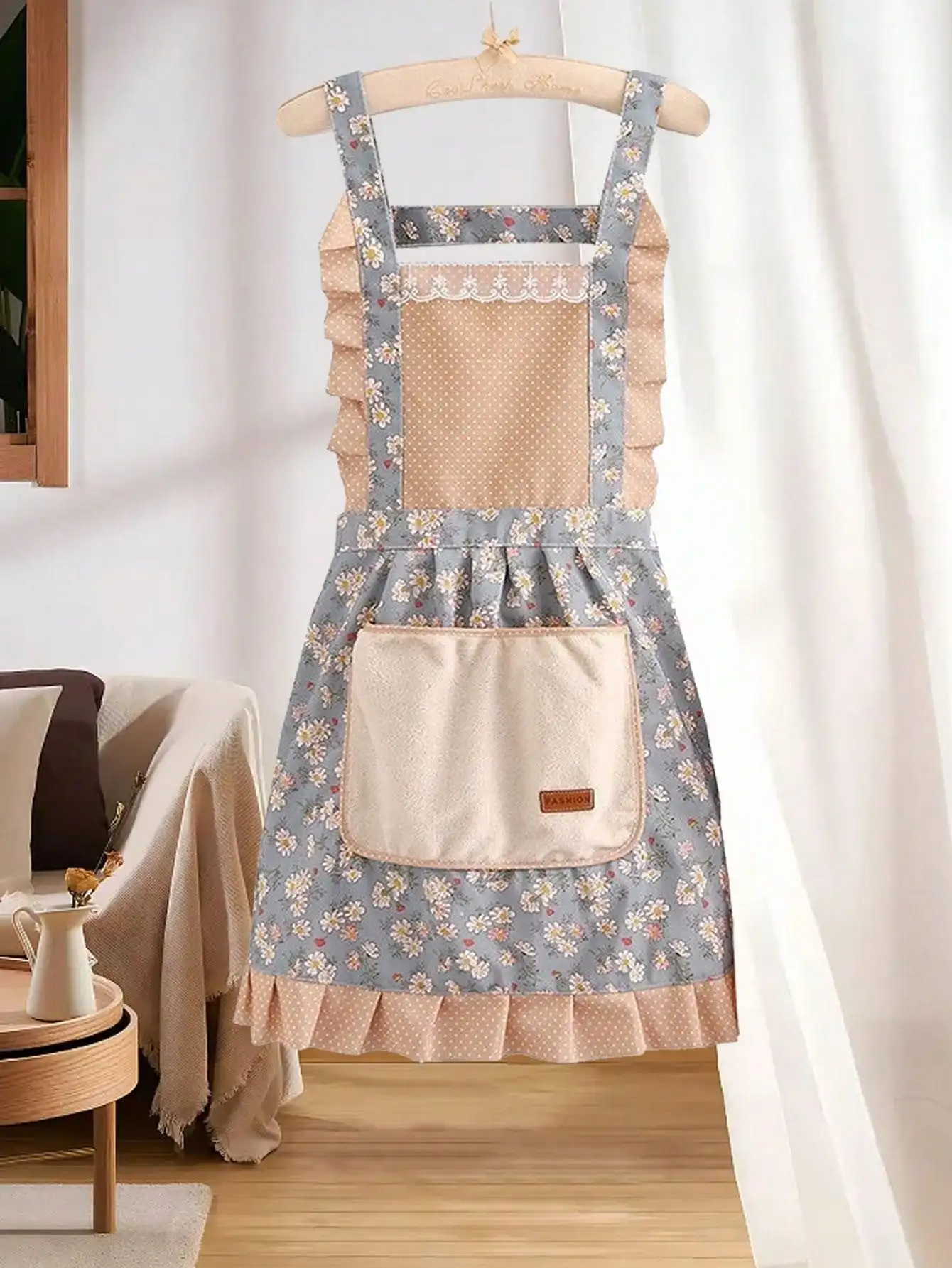 Hand wipe apron Princess wind waist breathable canvas floral garden lovely apron blue