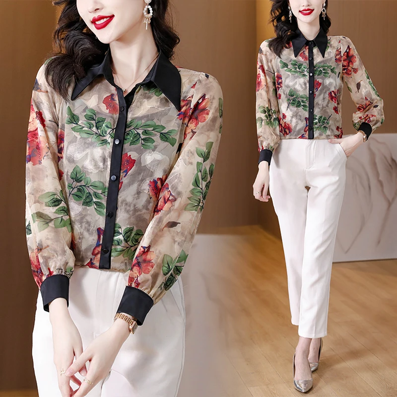 AIMEILI Silk Yellow Printed Elegant Shirt 2024 Summer New Ruffled Neck Lantern Sleeve Loose Blouse Office Lady Chiffon Blouse