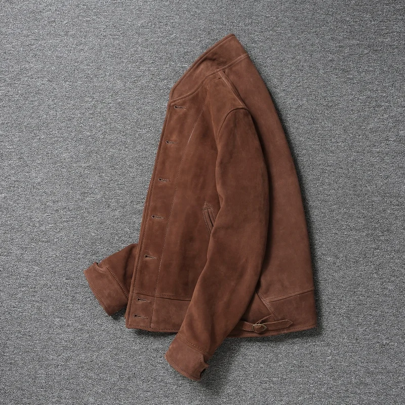 سترات من جلد البقر البني للرجال معطف أينشتاين من الجلد الطبيعي سترة بقصة ضيقة ملابس رجال الأعمال للخريف #4