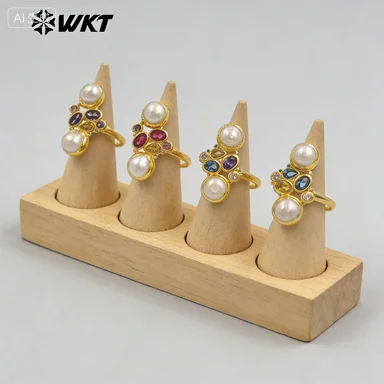 

WT-MR042 Модное и элегантное длинное кольцо с круглыми жемчужинами и цветными цирконами, покрытое 18-каратным золотом, женские украшения для вечеринок