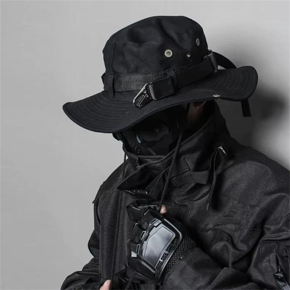 2025 Tactical Techwear Style Ribbon Metal Buckle Drawstring Bucket Hat Men Outdoor Fishing Climbing Hip Hop Punk Hat