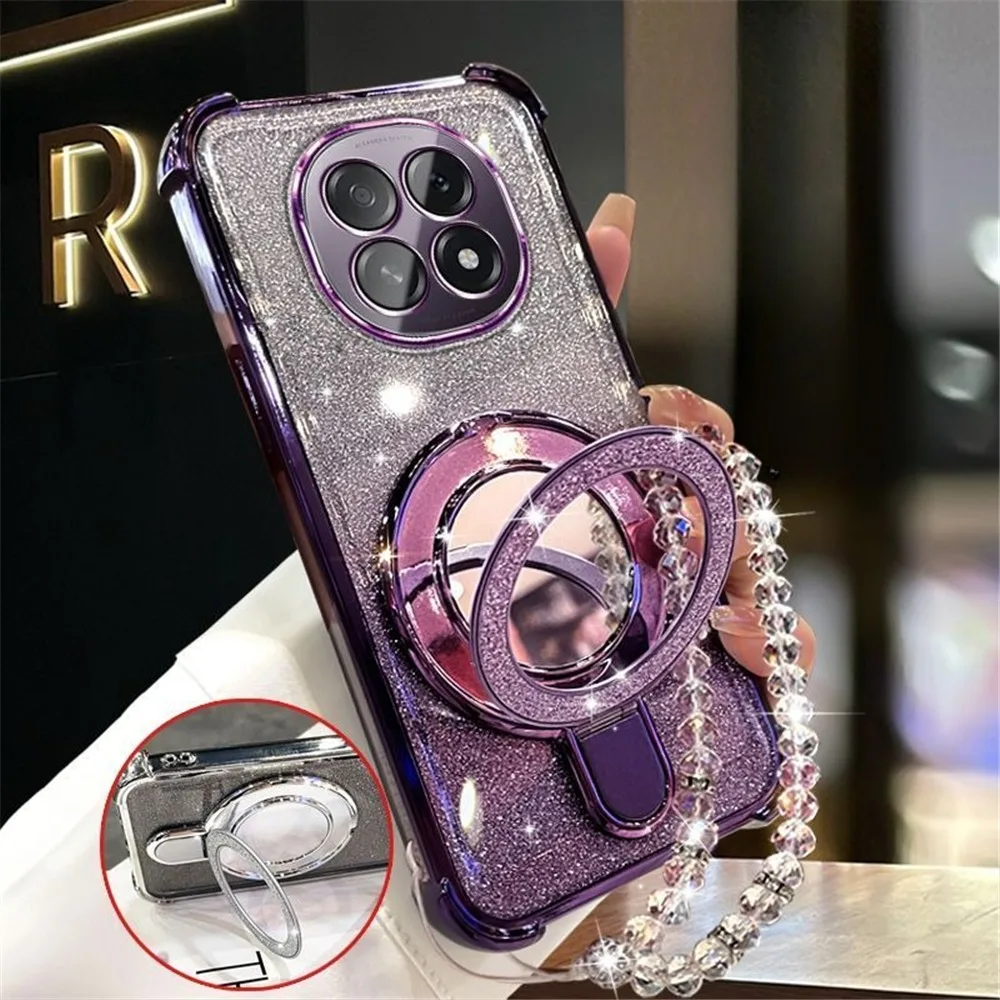 

Glitter Mirror Holder Bracelet Phone Case For Honor Magic 7 Lite X9C X9A X9B X6A X6B X8A X8B X8C X7A Silicone Shockproof Cover