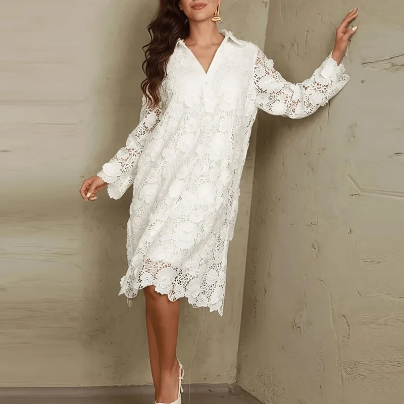 

Spring Summer New Loose Commute A-line Dresses Vintage Lace Embroidery Lapel Dress Elegant Lady Pure Color Hollow Out Midi Dress