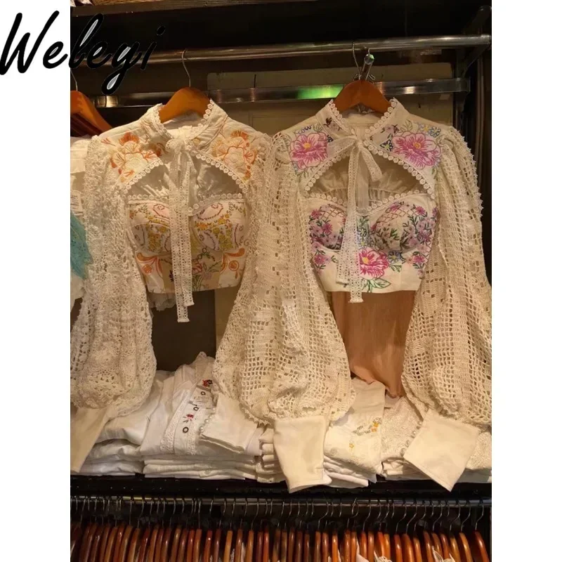 Luxury Vintage Embroidered Flower Shirt 2024 New Women's Retro Long Lantern Sleeve Cutout Blouse Beautiful Lace-up Top Female