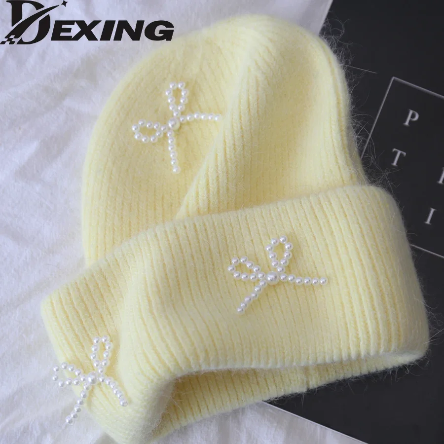 Damska czapka z dzianiny z perłową kokardą i mankietami dla kobiet Stretch Ribbed Fluffy Angora Soft Casual Stacking Knitted Bonnet Cap