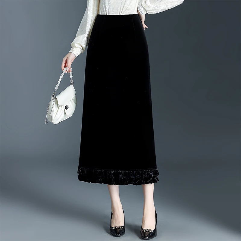 

High Waist Velvet Skirt Women's Autumn Winter New Sle Slimming Meat Covering Small Size Long A-Line Slit Body Contour Skirt
