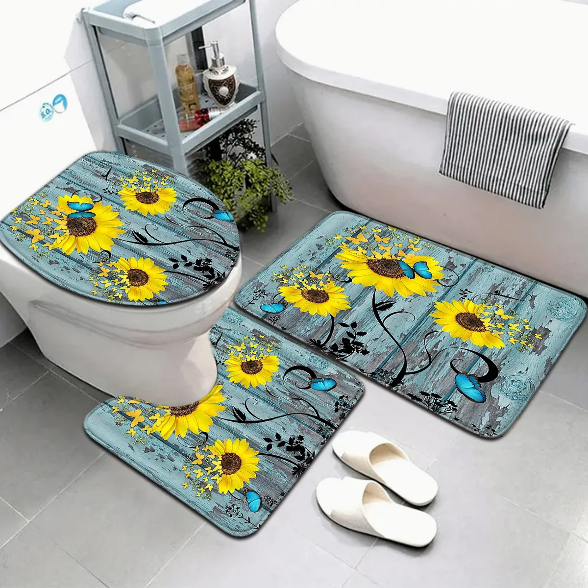 

Набор из 3 ковриков для ванной комнаты с ярким подсолнухом и бабочкой, включает чехол на сиденье унитаза и U-образный коврик для ног, полиэфирную подложку.