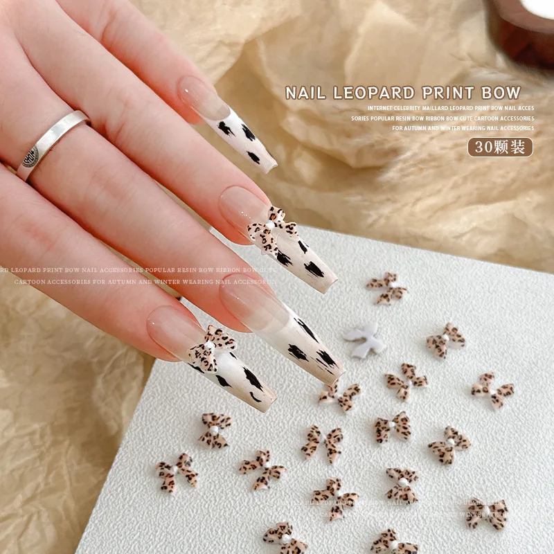 50 Uds. De cinta con estampado de leopardo 3D para uñas, dijes de lazo de resina, cinta de dibujos animados, lazo, diamantes de imitación, decoración artística de uñas, accesorios de manicura DIY