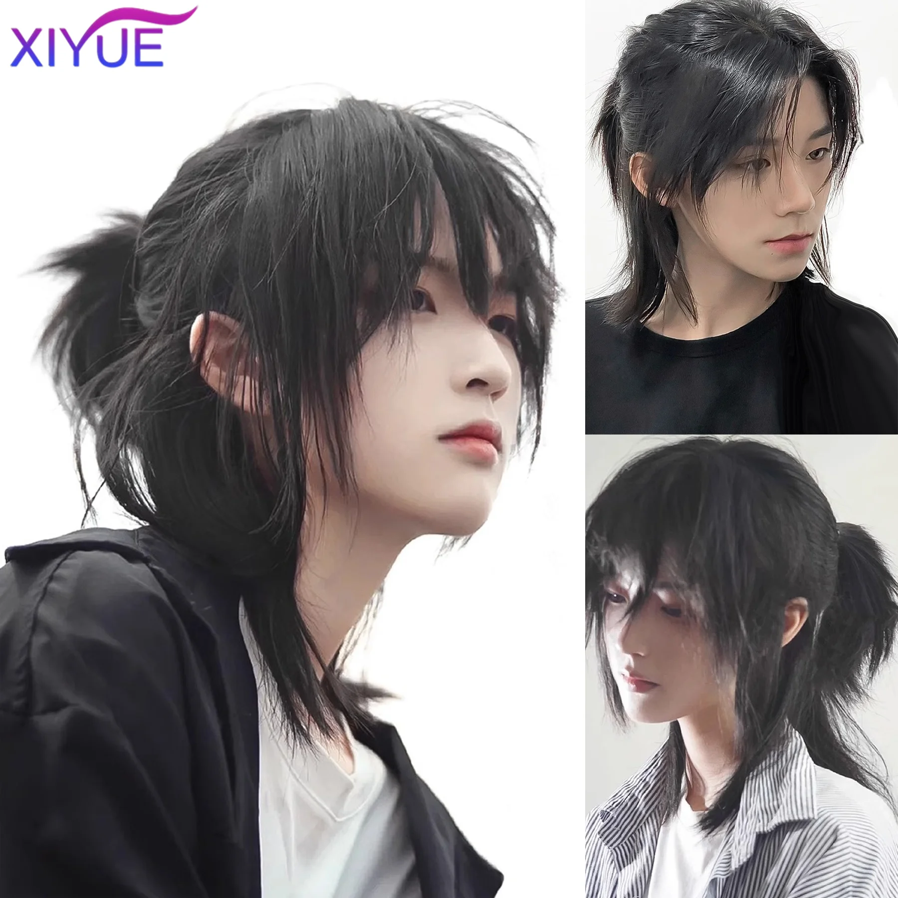 XIYUE Short Mullet Head Wigs with Bangs Synthetic Straight Anime Men Black Gray Green Hair Wig for Daily Party Cosplay