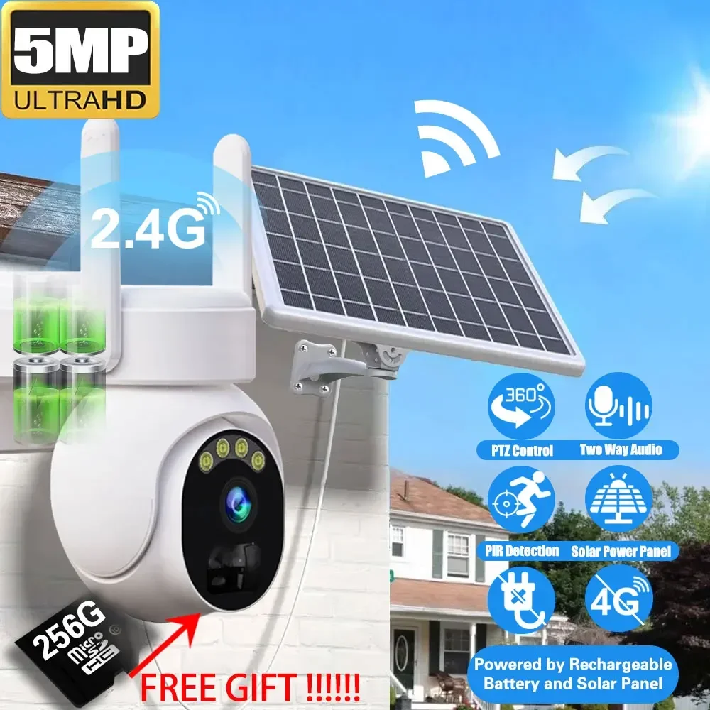 

5MP Solar PTZ Camera 2.4G Wifi Surveillance Security Camera Home Protection Sloar Battery Camera PIR Detection Support 256G Card