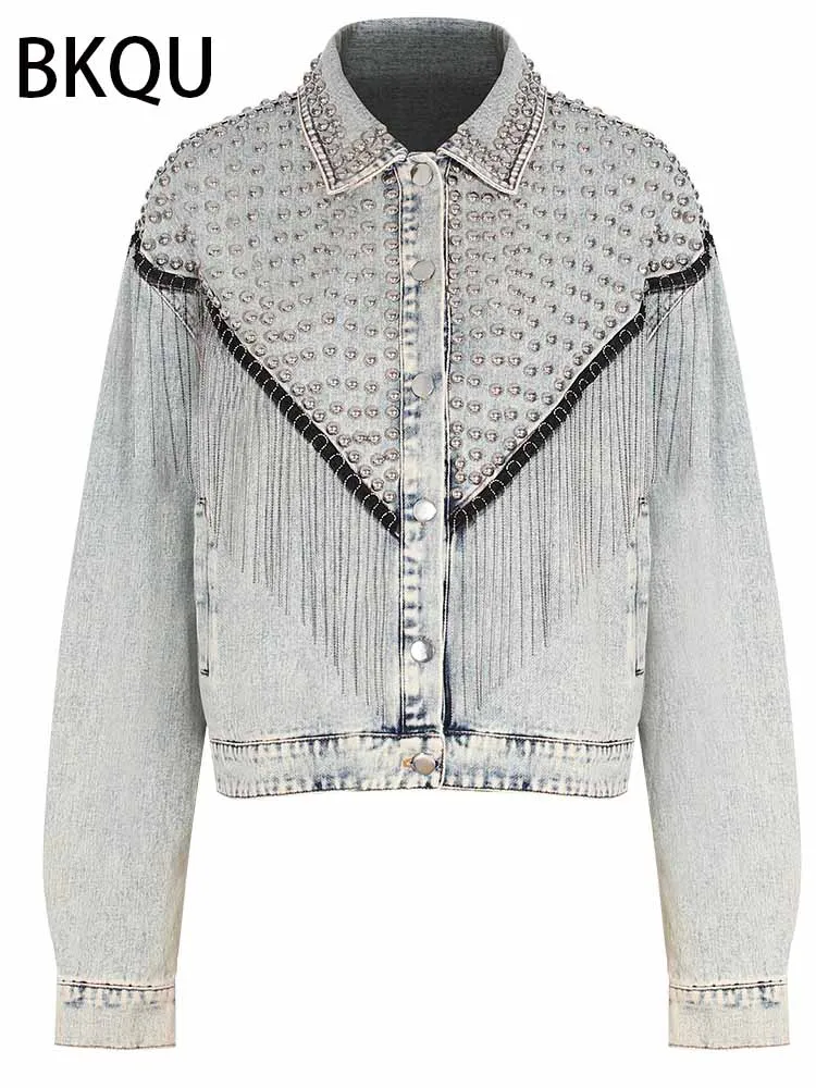 

BKQU Vintage Rivet Denim Jacket Women Tassel Chain Single-breasted Loose Short Blue Jean Coat Korean 2025 Fashion Streetwear