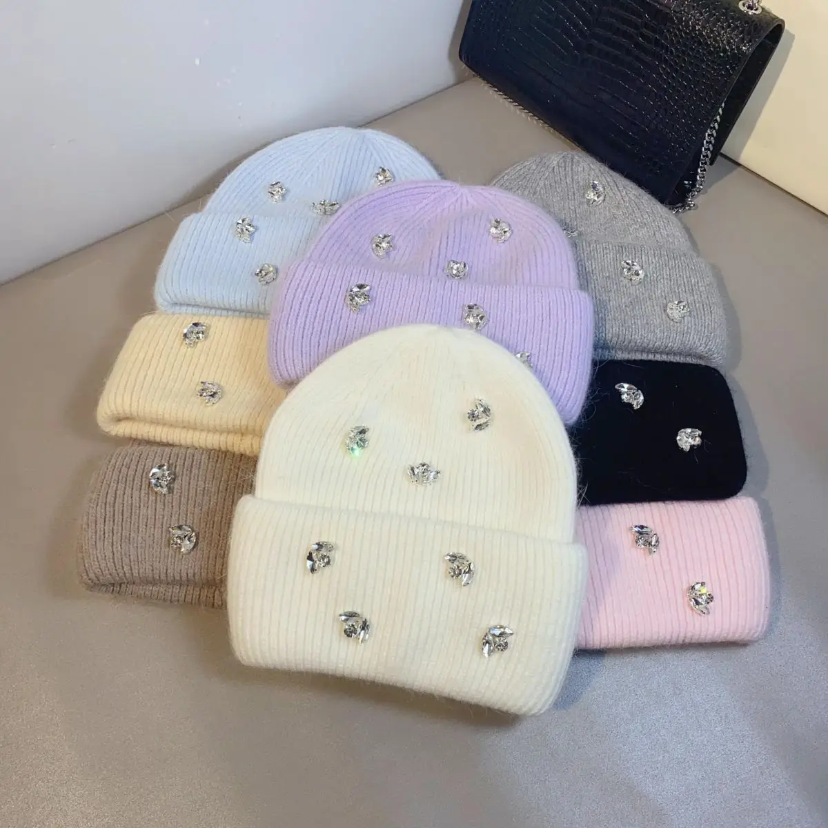 Designer Rhinestones Knitted Hat Winter Women Warm Beanie Real Rabbit Fur Wool Skullies Beanies Outdoor Sport Skiing Cap