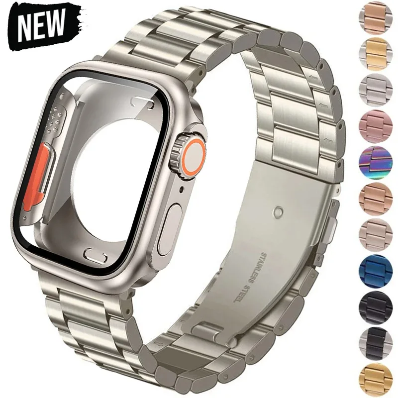 Compatible with Apple IWatch S10 46/40/41/44/45mm Three-Bead Stainless Steel Strap + PC Full-Coverage Case