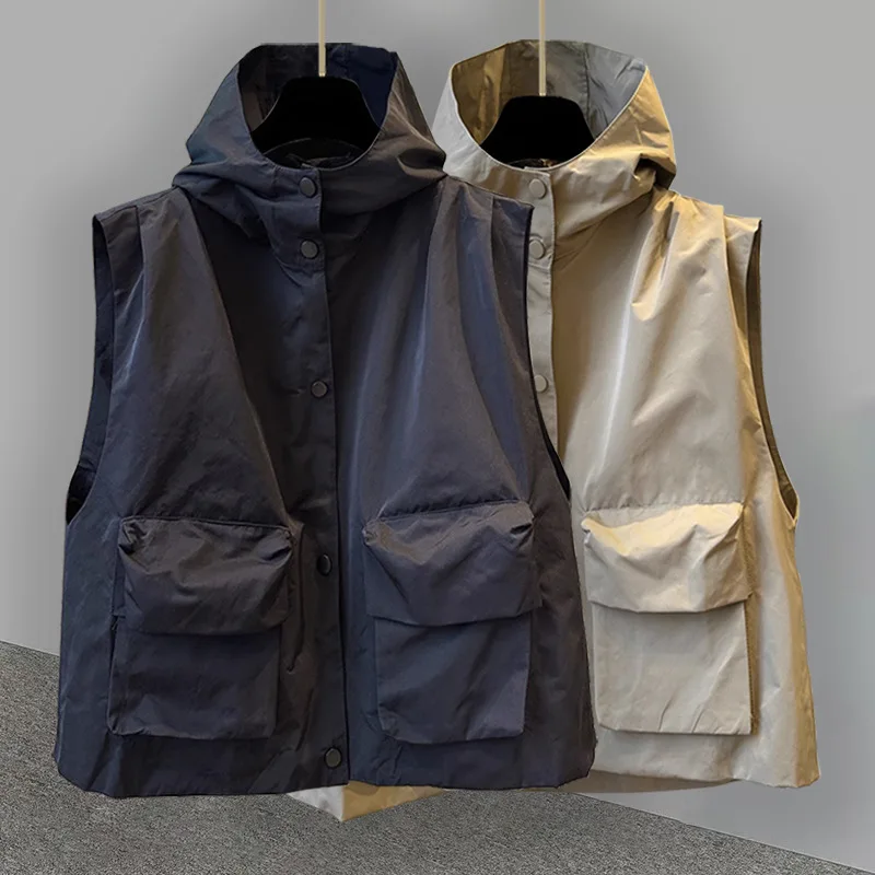 

Summer Hooded Sleeveless Jacket Retro Work Vest With Multiple Pockets Japanese Korean Fashion Casual Vest For Men Outdoor Wear