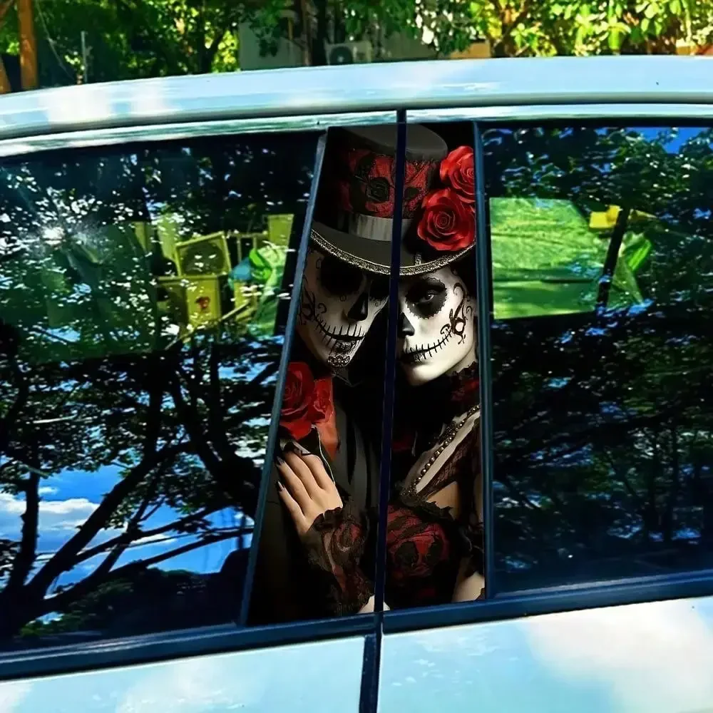 Vinyl Skeleton Couple Car Decals, 2PCS Mirror Set, Waterproof Vehicle B-Pillar Decorative Stickers, Scratch Cover DIY Self-Adhesive Protective Film For Car Door Pillar, Single Use Matte Finish