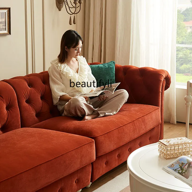 S132 Fabric retro flocking sofa French light luxury living room small apartment solid wood buckle straight row three-person sofa