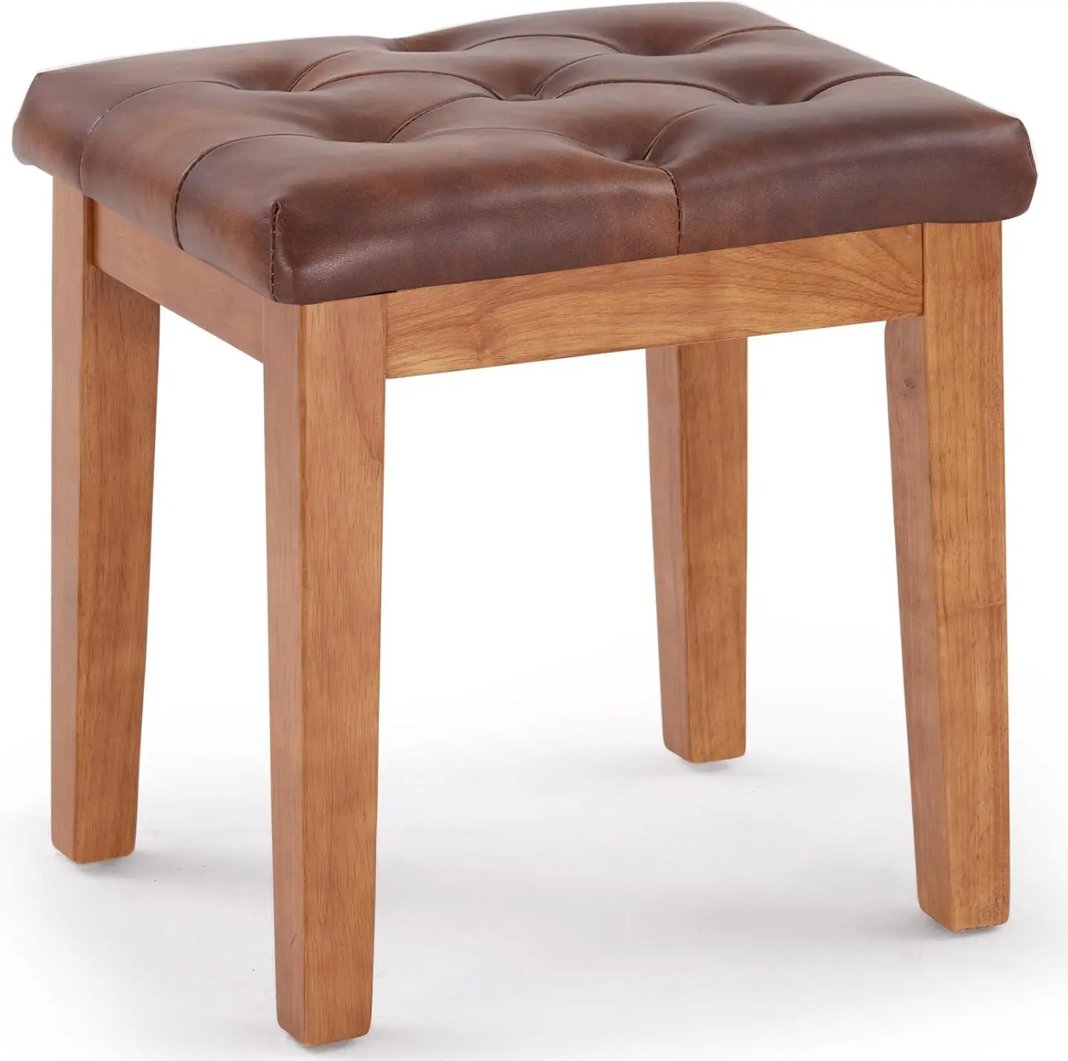 

Tufted Ottoman Stool with Padded Seat, Solid Wood Legs, Retro Brown Faux Leather for Home Decor
