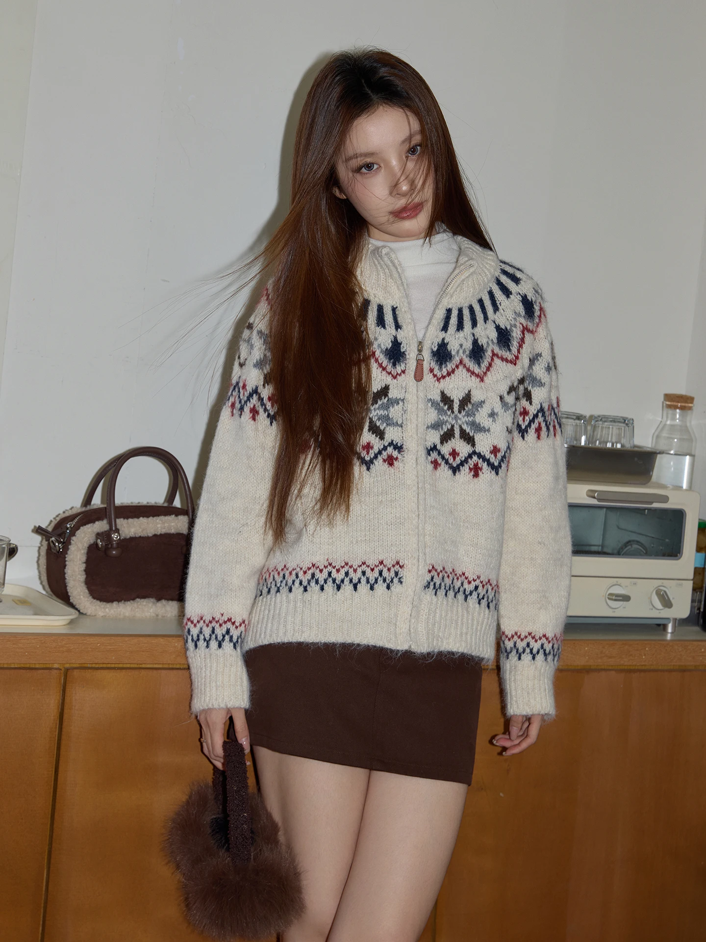 

Thiened Oaeal Color Open Cardigan Sweater Women's Loose Long Sve Zipper Coat Winter Casual Comfortable Knittedwear