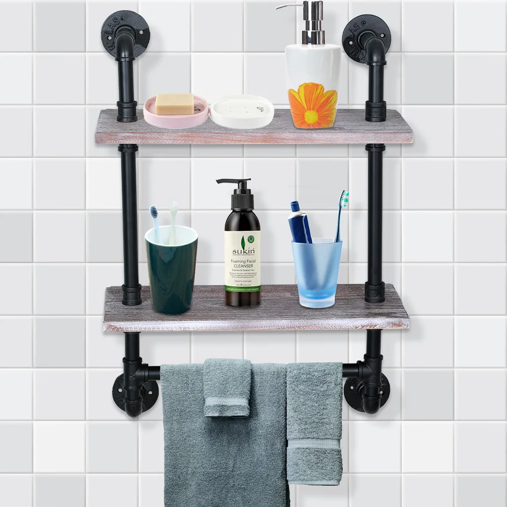 Towel Racks 1 Pipe Shelves 2-Layer Wood Shelf 20x8x29Inch Retro Color[US-Stock]